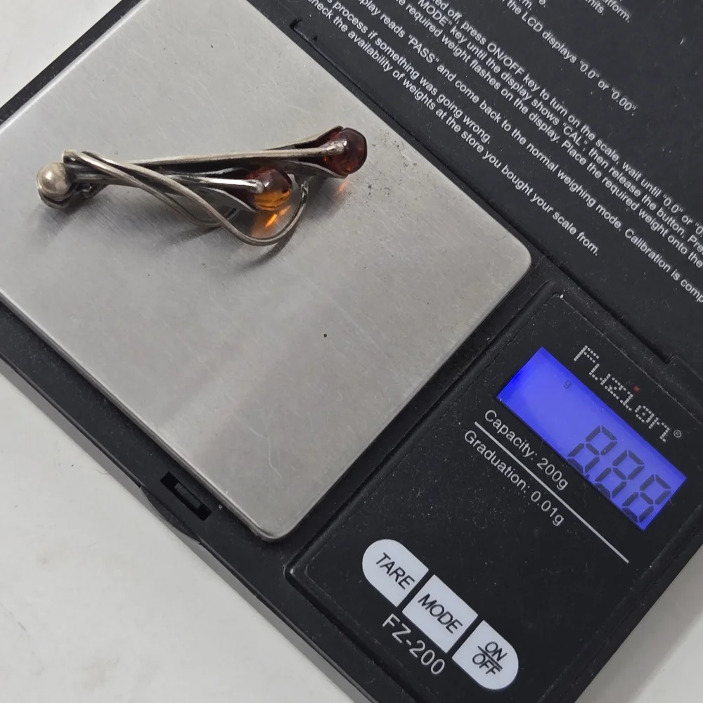 Vintage Sterling Silver 925 Baltic Amber 2” Calla Lily Floral Brooch Pin - Picture 11 of 11